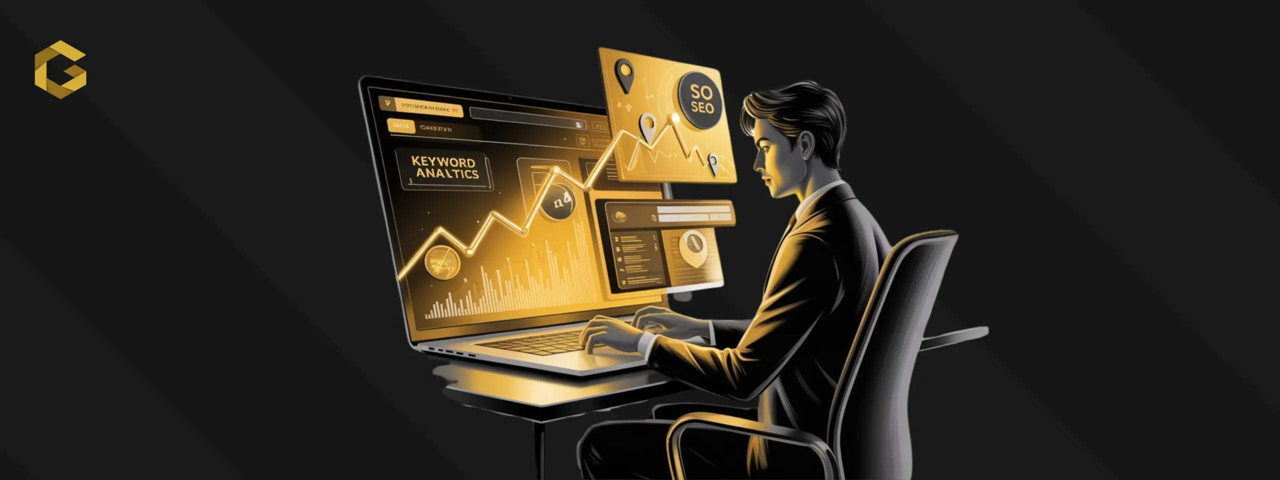 A man seated at a desk with a laptop, set against a shimmering gold background.