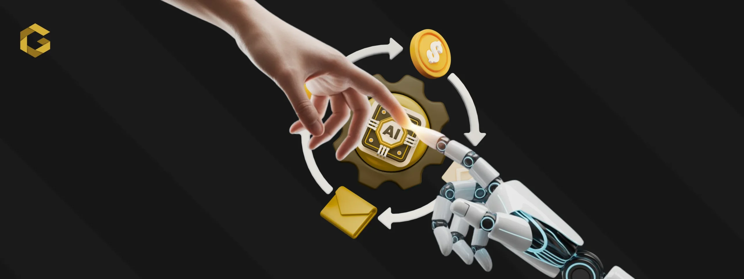 A hand reaches out to a robot hand, both grasping a coin, illustrating the connection between human and robotic elements.